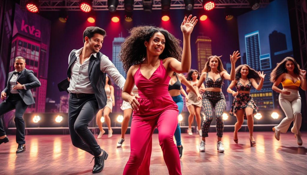 A vibrant and dynamic scene from a musical featuring a diverse group of dancers in professional attire, showcasing various hip-hop dance moves. In the foreground, a male and female dancer are executing synchronized steps, their expressions full of energy and passion. The middle ground includes other dancers in motion, illustrating different dance styles that blend hip-hop influences with theatrical elements. The background features an urban stage set with colorful lights and a cityscape backdrop, enhancing the atmosphere of an exhilarating performance. The lighting is bright and dynamic, casting dynamic shadows that emphasize movement. The angle is slightly low to capture the height and fluidity of the dance. The overall mood is energetic, creative, and celebratory, inviting the viewer into the world of movement and expression in dance. A vibrant and dynamic scene from a musical featuring a diverse group of dancers in professional attire, showcasing various hip-hop dance moves. In the foreground, a male and female dancer are executing synchronized steps, their expressions full of energy and passion. The middle ground includes other dancers in motion, illustrating different dance styles that blend hip-hop influences with theatrical elements. The background features an urban stage set with colorful lights and a cityscape backdrop, enhancing the atmosphere of an exhilarating performance. The lighting is bright and dynamic, casting dynamic shadows that emphasize movement. The angle is slightly low to capture the height and fluidity of the dance. The overall mood is energetic, creative, and celebratory, inviting the viewer into the world of movement and expression in dance.