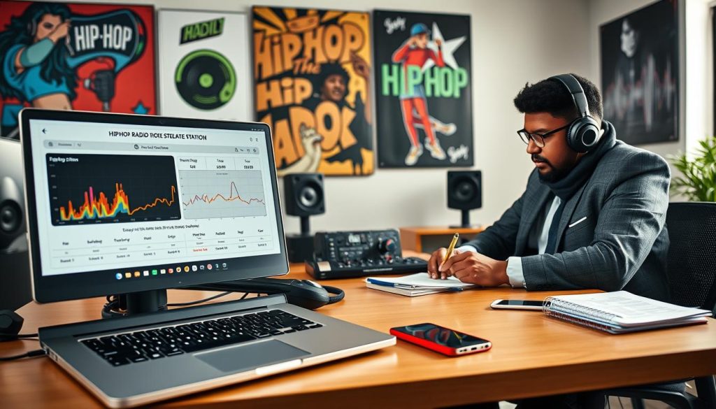 A vibrant and engaging workspace setup showcasing a modern comparison of hip-hop radio streaming stations. In the foreground, a sleek laptop screen displays an intuitive interface with graphs and data comparing different hip-hop stations. Nearby, a professional in smart casual attire is focused on testing audio quality through stylish headphones. The middle ground features a well-organized table with notebooks, mobile devices, and audio equipment, symbolizing thorough analysis. In the background, a wall adorned with colorful hip-hop art and sound wave visualizations creates an energetic atmosphere. Soft, natural lighting illuminates the scene, highlighting the excitement of discovering diverse hip-hop sounds, while a slightly blurred effect adds depth to the image. A vibrant and engaging workspace setup showcasing a modern comparison of hip-hop radio streaming stations. In the foreground, a sleek laptop screen displays an intuitive interface with graphs and data comparing different hip-hop stations. Nearby, a professional in smart casual attire is focused on testing audio quality through stylish headphones. The middle ground features a well-organized table with notebooks, mobile devices, and audio equipment, symbolizing thorough analysis. In the background, a wall adorned with colorful hip-hop art and sound wave visualizations creates an energetic atmosphere. Soft, natural lighting illuminates the scene, highlighting the excitement of discovering diverse hip-hop sounds, while a slightly blurred effect adds depth to the image.