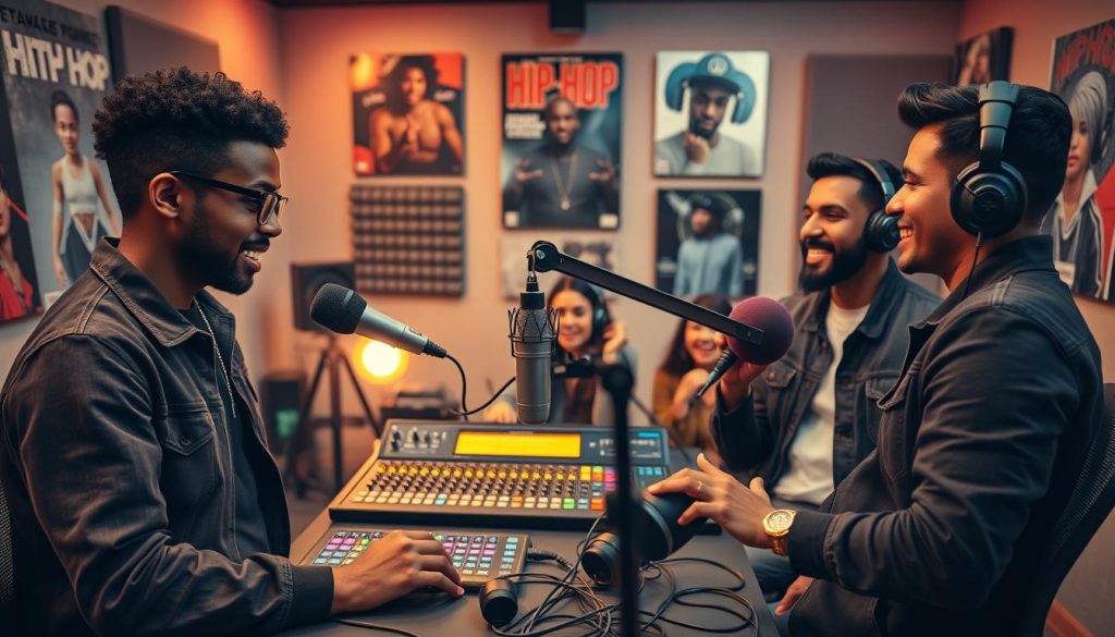 A vibrant, dynamic scene depicting a hip hop podcast recording studio. In the foreground, a diverse group of three hosts, a Black male with glasses, a Latina female, and a South Asian male, engaging in a lively discussion around a microphone setup. They are dressed in stylish yet professional casual attire. In the middle, a high-tech mixing console with colorful soundwave visuals, headphones, and podcasting equipment scattered about. In the background, soundproof panels, posters of iconic hip hop artists, and soft glowing lights create an inviting atmosphere. The lighting is warm and focused, emphasizing the hosts' expressions of enthusiasm and insight. The angle is slightly elevated, capturing the interconnectedness and energy of the hip hop culture shared through media. A vibrant, dynamic scene depicting a hip hop podcast recording studio. In the foreground, a diverse group of three hosts, a Black male with glasses, a Latina female, and a South Asian male, engaging in a lively discussion around a microphone setup. They are dressed in stylish yet professional casual attire. In the middle, a high-tech mixing console with colorful soundwave visuals, headphones, and podcasting equipment scattered about. In the background, soundproof panels, posters of iconic hip hop artists, and soft glowing lights create an inviting atmosphere. The lighting is warm and focused, emphasizing the hosts' expressions of enthusiasm and insight. The angle is slightly elevated, capturing the interconnectedness and energy of the hip hop culture shared through media.