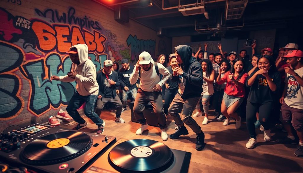 A vibrant hip-hop scene in a dynamic urban setting, featuring a diverse group of dancers rhythmically moving to energetic beats. In the foreground, three dancers showcase intricate moves, dressed in stylish streetwear, including hoodies, sneakers, and caps. The middle layer reveals a live DJ spinning vinyl records, surrounded by colorful graffiti art on the walls, adding to the urban aesthetic. The background shows an energetic crowd, immersed in the performance, their expressions capturing the enthusiasm and passion for hip-hop culture. The scene is bathed in warm, dramatic lighting that enhances the lively atmosphere, with the camera angle slightly tilted for a more dynamic perspective. The overall mood is electrifying, celebrating the connection between hip-hop music and dance. A vibrant hip-hop scene in a dynamic urban setting, featuring a diverse group of dancers rhythmically moving to energetic beats. In the foreground, three dancers showcase intricate moves, dressed in stylish streetwear, including hoodies, sneakers, and caps. The middle layer reveals a live DJ spinning vinyl records, surrounded by colorful graffiti art on the walls, adding to the urban aesthetic. The background shows an energetic crowd, immersed in the performance, their expressions capturing the enthusiasm and passion for hip-hop culture. The scene is bathed in warm, dramatic lighting that enhances the lively atmosphere, with the camera angle slightly tilted for a more dynamic perspective. The overall mood is electrifying, celebrating the connection between hip-hop music and dance.
