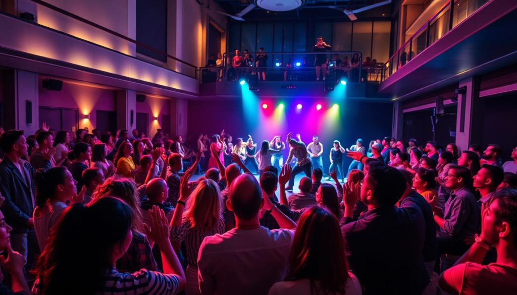 A vibrant, lively scene of a diverse crowd gathered in a stylish urban theater, eagerly watching a hip hop dance performance. In the foreground, a mix of energetic spectators, dressed in casual yet smart attire, are clapping and cheering, their expressions filled with excitement and awe. The middle layer features dynamic dancers on stage, showcasing intricate movements and powerful choreography, illuminated by colorful stage lights that create dramatic shadows. In the background, the interior of the theater is adorned with sleek modern architecture and soft ambient lighting, enhancing the atmosphere of anticipation and enthusiasm. The image conveys a sense of community and appreciation for the art of dance, capturing a moment of collective joy and engagement. The composition is shot from a slightly elevated angle, offering a comprehensive view of the audience and the performance, emphasizing the connection between performers and spectators. A vibrant, lively scene of a diverse crowd gathered in a stylish urban theater, eagerly watching a hip hop dance performance. In the foreground, a mix of energetic spectators, dressed in casual yet smart attire, are clapping and cheering, their expressions filled with excitement and awe. The middle layer features dynamic dancers on stage, showcasing intricate movements and powerful choreography, illuminated by colorful stage lights that create dramatic shadows. In the background, the interior of the theater is adorned with sleek modern architecture and soft ambient lighting, enhancing the atmosphere of anticipation and enthusiasm. The image conveys a sense of community and appreciation for the art of dance, capturing a moment of collective joy and engagement. The composition is shot from a slightly elevated angle, offering a comprehensive view of the audience and the performance, emphasizing the connection between performers and spectators.