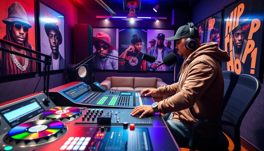 A vibrant radio studio filled with hip-hop music elements, showcasing a sleek DJ booth at the forefront, complete with turntables, headphones, and colorful vinyl records. In the middle, a digital sound mixer with glowing equalizers and a comfortable seating area, where a professional DJ in stylish casual attire passionately curates playlists. The background features large posters of hip-hop legends and neon lights illuminating the space, creating an energetic atmosphere. Soft, warm lighting highlights the textures of the studio while casting dynamic shadows, enhancing the creative vibe. The scene captures the essence of hip-hop culture, inviting listeners to explore their musical tastes and engage with online radio experiences. A vibrant radio studio filled with hip-hop music elements, showcasing a sleek DJ booth at the forefront, complete with turntables, headphones, and colorful vinyl records. In the middle, a digital sound mixer with glowing equalizers and a comfortable seating area, where a professional DJ in stylish casual attire passionately curates playlists. The background features large posters of hip-hop legends and neon lights illuminating the space, creating an energetic atmosphere. Soft, warm lighting highlights the textures of the studio while casting dynamic shadows, enhancing the creative vibe. The scene captures the essence of hip-hop culture, inviting listeners to explore their musical tastes and engage with online radio experiences.