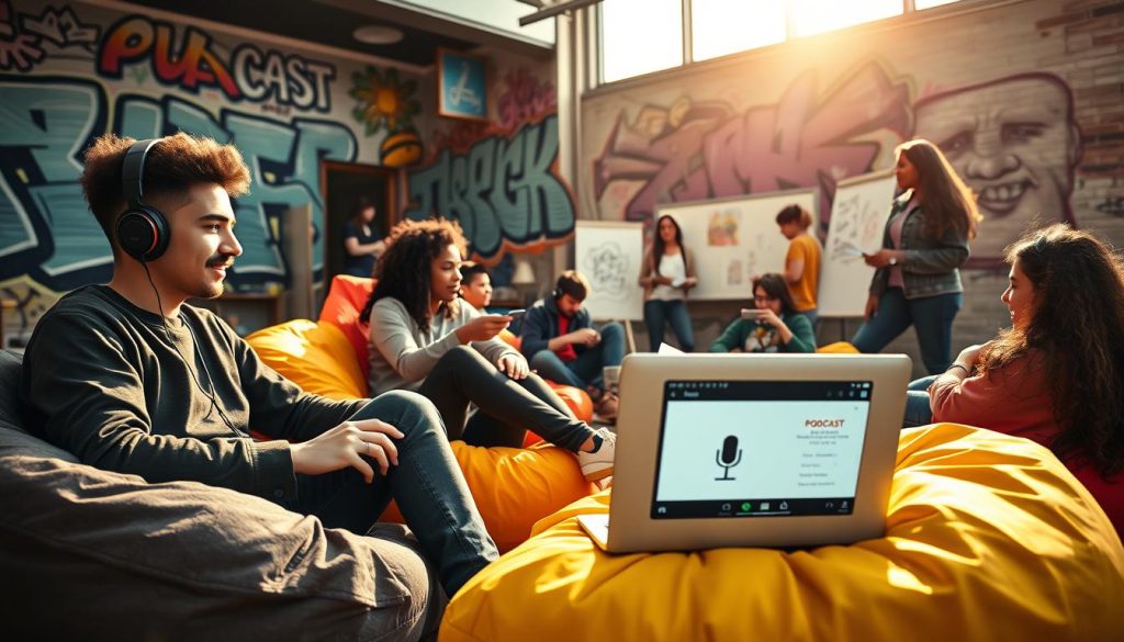 A vibrant scene depicting a group of diverse young individuals engaged in a lively discussion in a modern, urban setting. In the foreground, two young men and a young woman are sitting on colorful bean bags, headphones on, with a laptop open in front of them, showcasing a podcast interface. In the middle ground, a small gathering is happening with others participating in educational activities, like note-taking and brainstorming on a whiteboard. The background features graffiti art and a dynamic mural, representing hip-hop culture, with warm sunlight filtering through large windows, creating a casual and inspirational atmosphere. The mood is energetic and collaborative, capturing the essence of creativity and youth engagement in media.