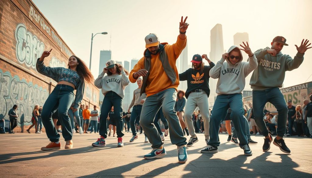 A vibrant street scene capturing the essence of early 2000s hip hop dance culture. In the foreground, a group of diverse dancers is performing dynamic street dance moves with energy and passion, dressed in stylish casual attire characteristic of the era—baggy jeans, colorful sneakers, and oversized hoodies. The middle ground features an urban setting, with graffiti-covered walls and a lively crowd admiring the performance. The background shows an iconic city skyline under a bright, sunny sky, evoking a sense of freedom and creativity. Use soft sunlight to create a warm, inviting atmosphere. The composition should convey movement and excitement, emphasizing the connection between the dancers and their environment, shot at a slightly angled perspective to add depth. A vibrant street scene capturing the essence of early 2000s hip hop dance culture. In the foreground, a group of diverse dancers is performing dynamic street dance moves with energy and passion, dressed in stylish casual attire characteristic of the era—baggy jeans, colorful sneakers, and oversized hoodies. The middle ground features an urban setting, with graffiti-covered walls and a lively crowd admiring the performance. The background shows an iconic city skyline under a bright, sunny sky, evoking a sense of freedom and creativity. Use soft sunlight to create a warm, inviting atmosphere. The composition should convey movement and excitement, emphasizing the connection between the dancers and their environment, shot at a slightly angled perspective to add depth.