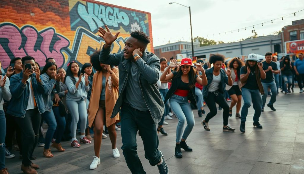 A dynamic scene depicting a lively hip hop dance event in a vibrant urban setting. In the foreground, a group of dancers of diverse backgrounds, clad in stylish, casual streetwear, energetically perform synchronized moves, showcasing talent and passion. The middle layer features an enthusiastic audience clapping and cheering, some recording the performance on their smartphones. The background reveals a colorful mural on a brick wall, adding to the urban atmosphere, with string lights illuminating the scene, casting a warm glow. Capture the excitement of the day with a low-angle shot, emphasizing the dancers' movements, under a late afternoon sky filled with soft, natural light. The overall mood should be celebratory and energetic, encapsulating the spirit of live performance and community engagement. A dynamic scene depicting a lively hip hop dance event in a vibrant urban setting. In the foreground, a group of dancers of diverse backgrounds, clad in stylish, casual streetwear, energetically perform synchronized moves, showcasing talent and passion. The middle layer features an enthusiastic audience clapping and cheering, some recording the performance on their smartphones. The background reveals a colorful mural on a brick wall, adding to the urban atmosphere, with string lights illuminating the scene, casting a warm glow. Capture the excitement of the day with a low-angle shot, emphasizing the dancers' movements, under a late afternoon sky filled with soft, natural light. The overall mood should be celebratory and energetic, encapsulating the spirit of live performance and community engagement.