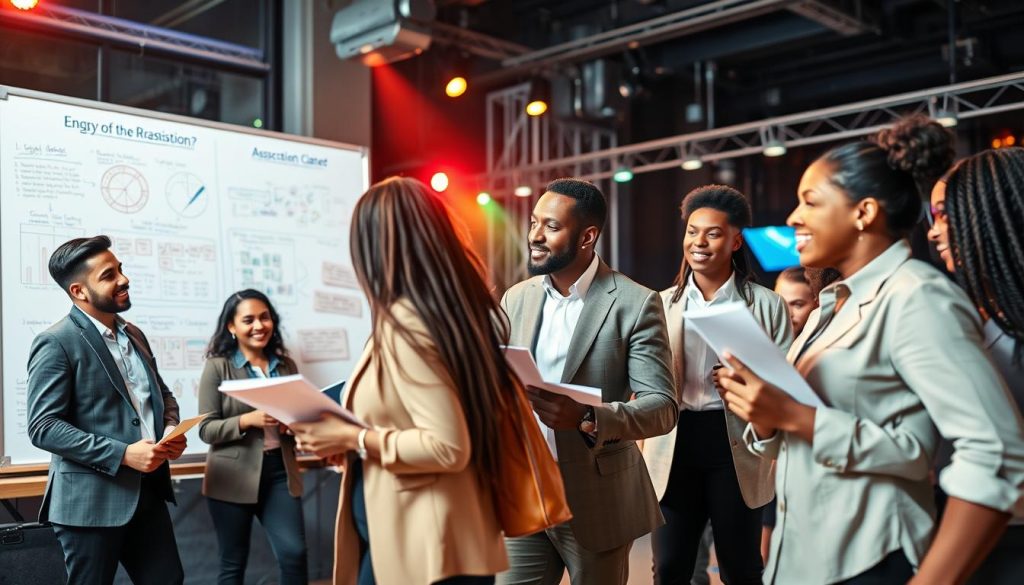 A dynamic scene illustrating the concept of "association" in the context of organizing a hip hop dance event. In the foreground, a diverse group of professional individuals—dressed in smart casual attire—engages in enthusiastic discussions, with papers and clipboards in hand, symbolizing teamwork. In the middle ground, a large whiteboard is filled with colorful diagrams and notes related to event planning, visibly showcasing legal frameworks and organizational structures. The background features an urban setting with a stage and colorful lights, suggesting a hip hop vibe. Soft, warm lighting enhances the collaborative atmosphere, creating a sense of excitement and professionalism. The angle is slightly elevated, capturing the energy and dynamic interaction among the group without any distractions or text. A dynamic scene illustrating the concept of "association" in the context of organizing a hip hop dance event. In the foreground, a diverse group of professional individuals—dressed in smart casual attire—engages in enthusiastic discussions, with papers and clipboards in hand, symbolizing teamwork. In the middle ground, a large whiteboard is filled with colorful diagrams and notes related to event planning, visibly showcasing legal frameworks and organizational structures. The background features an urban setting with a stage and colorful lights, suggesting a hip hop vibe. Soft, warm lighting enhances the collaborative atmosphere, creating a sense of excitement and professionalism. The angle is slightly elevated, capturing the energy and dynamic interaction among the group without any distractions or text.