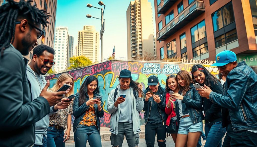 A dynamic urban scene representing social media engagement in the context of a hip-hop dance event. In the foreground, a diverse group of young adults dressed in casual, stylish clothing are gathered around smartphones, interacting excitedly with social media apps. In the middle, a vibrant street corner features an urban wall adorned with colorful graffiti, showcasing dance-related art and community messages. In the background, a lively cityscape with modern buildings under a clear blue sky, hinting at the energy of the local environment. The lighting is bright and cheerful, symbolizing optimism and connectivity, with a focus on showcasing the sense of community and collaboration. The atmosphere is friendly and engaging, reflecting the relevance of social media in promoting dance culture and local events. A dynamic urban scene representing social media engagement in the context of a hip-hop dance event. In the foreground, a diverse group of young adults dressed in casual, stylish clothing are gathered around smartphones, interacting excitedly with social media apps. In the middle, a vibrant street corner features an urban wall adorned with colorful graffiti, showcasing dance-related art and community messages. In the background, a lively cityscape with modern buildings under a clear blue sky, hinting at the energy of the local environment. The lighting is bright and cheerful, symbolizing optimism and connectivity, with a focus on showcasing the sense of community and collaboration. The atmosphere is friendly and engaging, reflecting the relevance of social media in promoting dance culture and local events.
