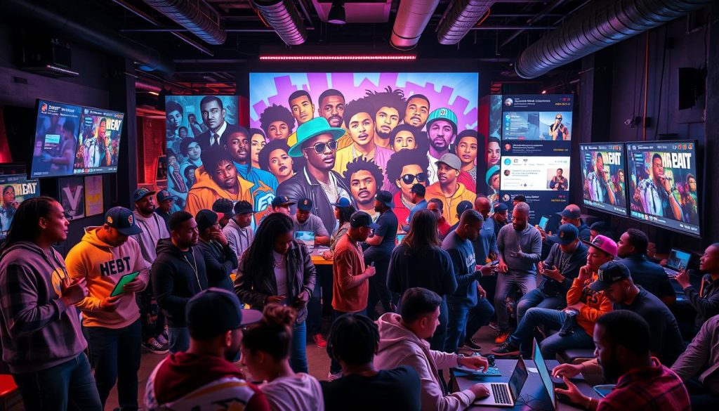 A dynamic urban scene showcasing a vibrant digital lounge filled with diverse hip-hop artists engaging with each other and their audience on various platforms. In the foreground, a group of artists, dressed in stylish casual clothing, passionately discuss music, while others use laptops and smartphones to connect with fans. The middle layer features a colorful mural of hip-hop legends, symbolizing the cultural heritage of hip-hop. In the background, large screens display live social media feeds, streaming content and artist performances, creating a lively and interactive environment. The overall atmosphere is energetic and inspiring, illuminated by soft neon lighting that enhances the creative vibe. The image is captured from a slightly elevated angle, giving a comprehensive view of this thriving hip-hop ecosystem. A dynamic urban scene showcasing a vibrant digital lounge filled with diverse hip-hop artists engaging with each other and their audience on various platforms. In the foreground, a group of artists, dressed in stylish casual clothing, passionately discuss music, while others use laptops and smartphones to connect with fans. The middle layer features a colorful mural of hip-hop legends, symbolizing the cultural heritage of hip-hop. In the background, large screens display live social media feeds, streaming content and artist performances, creating a lively and interactive environment. The overall atmosphere is energetic and inspiring, illuminated by soft neon lighting that enhances the creative vibe. The image is captured from a slightly elevated angle, giving a comprehensive view of this thriving hip-hop ecosystem.