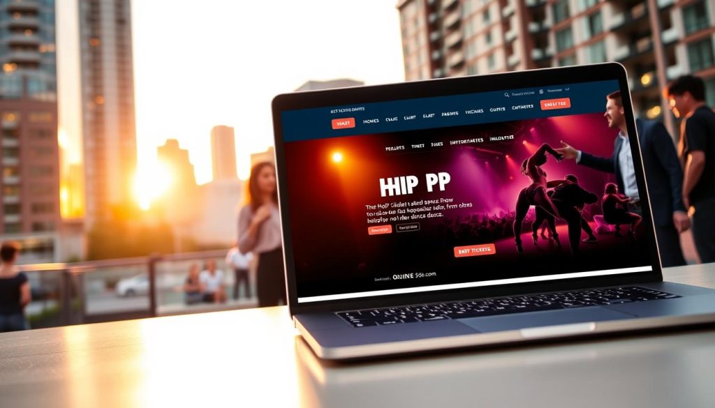 A modern online ticketing platform interface for a hip hop dance show, set against a vibrant urban backdrop. In the foreground, a sleek laptop displays a colorful website with easy navigation for purchasing tickets, featuring images of dancers in dynamic poses. The middle ground features a diverse group of people, dressed in smart casual attire, discussing event details enthusiastically, with one person pointing at the laptop screen. The background showcases a lively cityscape at sunset, with tall buildings bathed in warm, golden light. The atmosphere is energetic and engaging, reflecting the excitement of organizing a dance event. The composition is well-lit, with a slightly angled perspective to emphasize interaction and focus on the ticketing interface. A modern online ticketing platform interface for a hip hop dance show, set against a vibrant urban backdrop. In the foreground, a sleek laptop displays a colorful website with easy navigation for purchasing tickets, featuring images of dancers in dynamic poses. The middle ground features a diverse group of people, dressed in smart casual attire, discussing event details enthusiastically, with one person pointing at the laptop screen. The background showcases a lively cityscape at sunset, with tall buildings bathed in warm, golden light. The atmosphere is energetic and engaging, reflecting the excitement of organizing a dance event. The composition is well-lit, with a slightly angled perspective to emphasize interaction and focus on the ticketing interface.