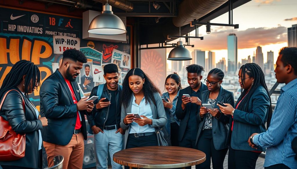 A modern urban scene depicting the "economy of influence" in a hip-hop context. In the foreground, a diverse group of young adults in stylish business casual attire are engaged in a lively discussion, analyzing digital devices and social media metrics. The middle section features a trendy café or street art backdrop, showcasing vibrant murals and advertisements for popular hip-hop brands. In the background, a skyline of a bustling city reflects innovation and artistic culture, bathed in warm sunset lighting. The atmosphere is dynamic and collaborative, embodying the intersection of music, marketing, and modern culture. Use a slightly elevated angle to capture the community feel, with natural light enhancing the vivid colors and energy of the scene. A modern urban scene depicting the "economy of influence" in a hip-hop context. In the foreground, a diverse group of young adults in stylish business casual attire are engaged in a lively discussion, analyzing digital devices and social media metrics. The middle section features a trendy café or street art backdrop, showcasing vibrant murals and advertisements for popular hip-hop brands. In the background, a skyline of a bustling city reflects innovation and artistic culture, bathed in warm sunset lighting. The atmosphere is dynamic and collaborative, embodying the intersection of music, marketing, and modern culture. Use a slightly elevated angle to capture the community feel, with natural light enhancing the vivid colors and energy of the scene.