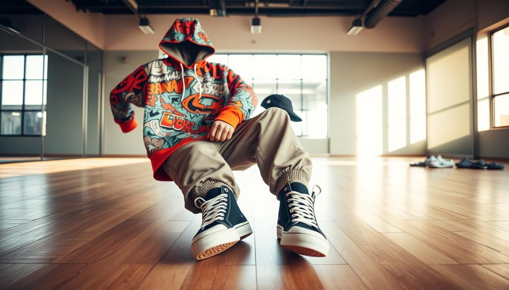 A stylish and comfortable hip-hop dance outfit laid out on a clean wooden floor. In the foreground, there’s a vibrant oversized hoodie with intricate graffiti designs, paired with loose-fitting cargo pants and sleek high-top sneakers. The middle ground features dance accessories like a stylish baseball cap and colorful wristbands. The background showcases a bright, urban dance studio with large mirrors reflecting soft natural light, creating a warm and inviting atmosphere. The angle captures the entire ensemble from a slightly elevated perspective, emphasizing individuality and movement. The mood is energetic and creative, representing the essence of dance culture.
