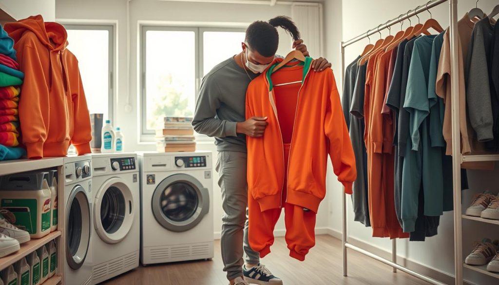 A stylish and organized workspace for maintaining hip-hop dance outfits. In the foreground, a neatly arranged shelf showcases vibrant, colorful clothing items like oversized hoodies, baggy pants, and stylish sneakers on hangers. A well-lit laundry area features a washing machine and a stack of detergent bottles labeled for fabric care. In the middle, a dancer in modest casual wear carefully inspects a bright ensemble, ensuring it is clean and ready for performance. The background displays a bright, airy room with large windows allowing natural light to flood in, highlighting the energetic atmosphere. The mood is focused and positive, emphasizing the importance of care and maintenance in dance attire. The image captures a sense of dedication and passion for the craft.