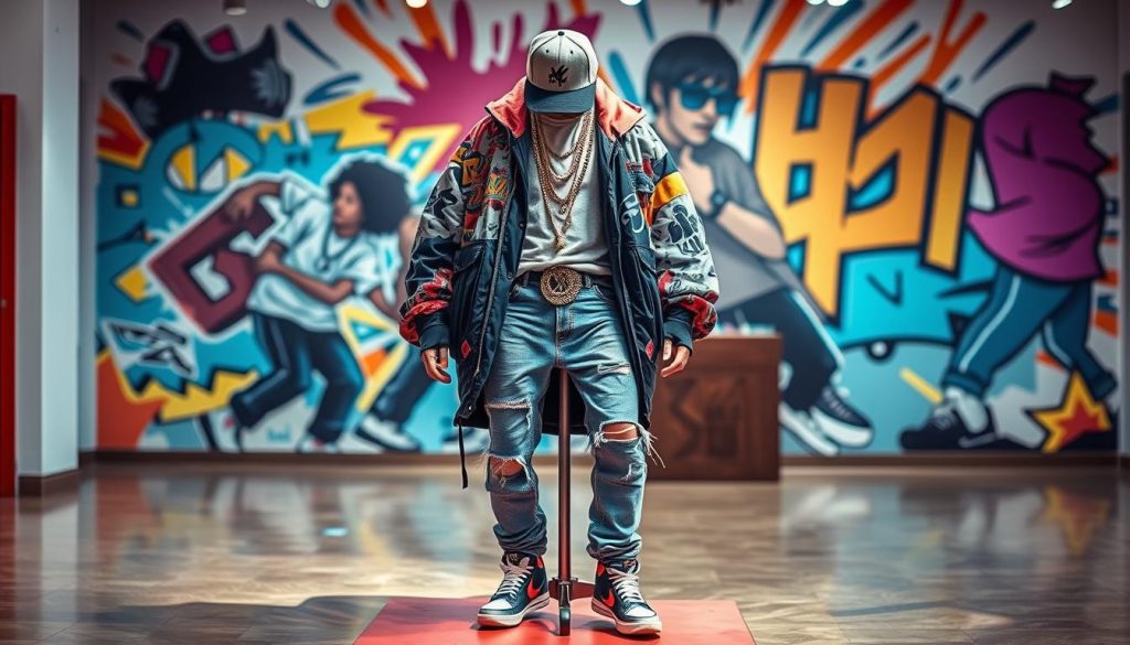 A stylish hip-hop dance outfit displayed on a mannequin in a bright, urban setting, showcasing layered streetwear elements. The foreground features a vibrant oversized jacket with graffiti patterns, paired with distressed jeans and trendy sneakers. In the middle, a collection of accessories, including a snapback cap and colorful wristbands, adds flair to the ensemble. The background features a mural of hip-hop culture, with dynamic colors that suggest movement and energy. The lighting is soft yet vivid, highlighting the textures of the fabrics and the details of the accessories. The atmosphere conveys creativity and excitement, inviting viewers to explore the art of hip-hop fashion.