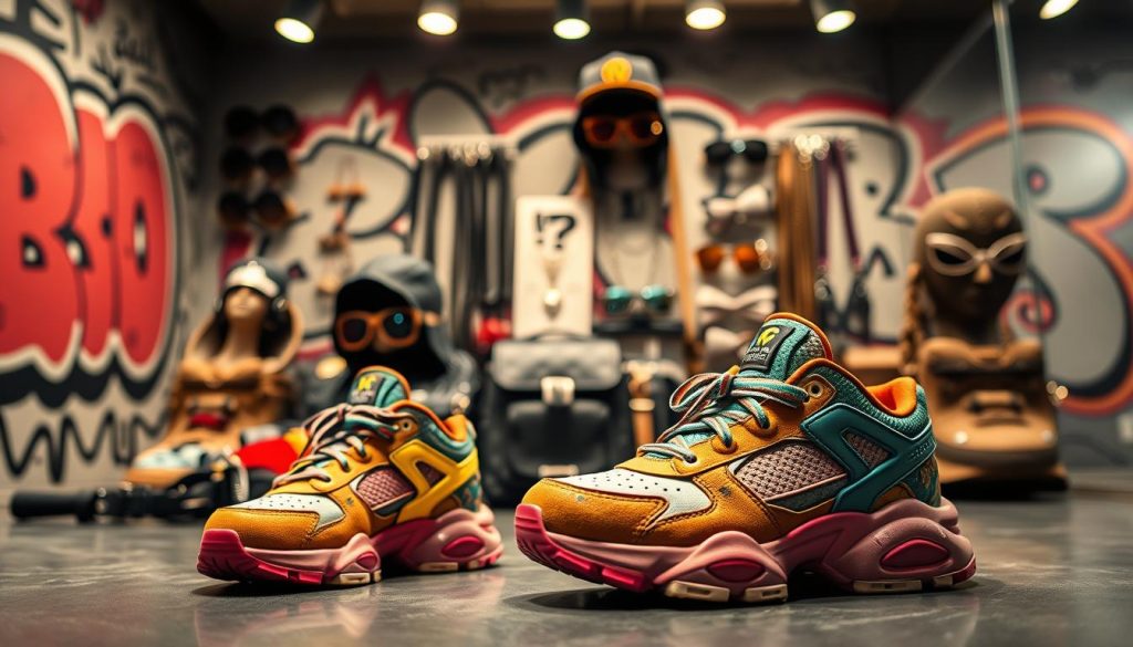 A stylish, urban streetwear display featuring a variety of accessories that elevate a hip-hop dance outfit. In the foreground, focus on a vibrant pair of chunky sneakers with unique designs, layered bracelets, and a bold snapback hat. The middle ground showcases an array of accessories such as oversized sunglasses, crossbody bags, and graphic chokers, all arranged artistically. In the background, hint at a graffiti-covered wall that embodies the essence of street culture, with soft, diffused lighting highlighting the textures. The image should have a dynamic, energetic atmosphere, evoking the spirit of hip-hop dance scenes. Use a slightly angled perspective to add depth, creating an engaging visual that captures the essence of streetwear accessories.