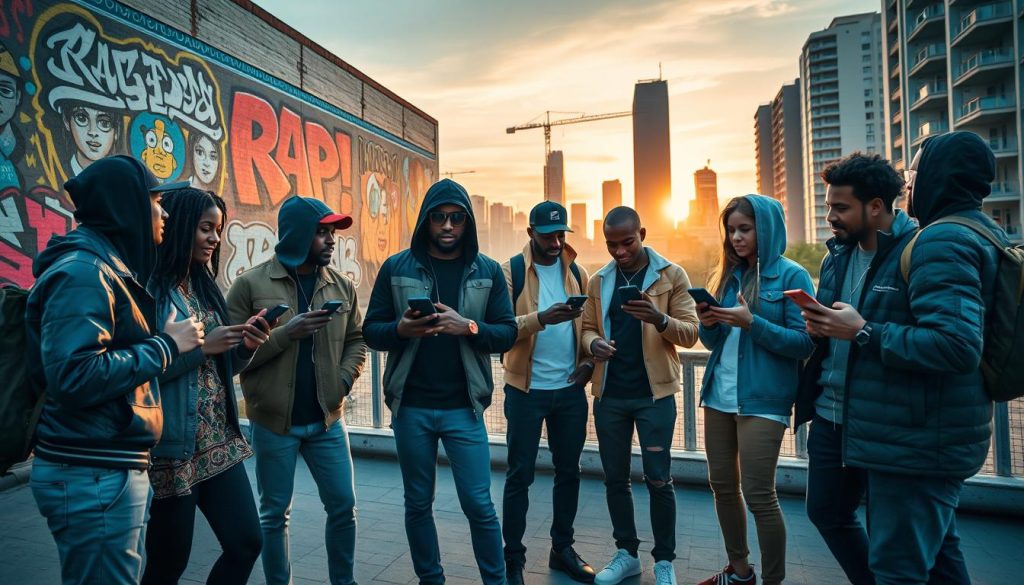 A vibrant and dynamic scene depicting the fusion of rap genres and social media influence. In the foreground, a diverse group of young adults, dressed in stylish yet professional casual attire, are engaged in lively conversation while using smartphones and tablets. They represent different rap styles, showcasing the evolution of hip hop culture. In the middle, urban street art and graffiti murals depict iconic rap symbols, blended with digital elements like social media icons. The background features a city skyline at sunset, casting warm, golden light to create an inviting atmosphere. The scene emphasizes energy and collaboration within the hip hop community. Capture this moment with a wide-angle lens to enhance the dynamic composition while maintaining clarity and focus. A vibrant and dynamic scene depicting the fusion of rap genres and social media influence. In the foreground, a diverse group of young adults, dressed in stylish yet professional casual attire, are engaged in lively conversation while using smartphones and tablets. They represent different rap styles, showcasing the evolution of hip hop culture. In the middle, urban street art and graffiti murals depict iconic rap symbols, blended with digital elements like social media icons. The background features a city skyline at sunset, casting warm, golden light to create an inviting atmosphere. The scene emphasizes energy and collaboration within the hip hop community. Capture this moment with a wide-angle lens to enhance the dynamic composition while maintaining clarity and focus.