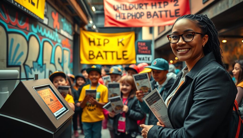 A vibrant and engaging image depicting a ticket booth for a children's hip hop battle event. In the foreground, a friendly, professional-looking ticket agent wears casual business attire, with a welcoming smile as they assist young attendees. In the middle ground, excited children, dressed in colorful hip hop attire, eagerly await their tickets, some holding flyers about the event. The background features a lively urban setting, with graffiti art reflecting hip hop culture, and a festive atmosphere enhanced by bright banners announcing the event. The lighting is warm and inviting, creating an atmosphere of fun and anticipation. The angle captures the hustle and bustle of the ticket area, emphasizing community engagement and a joyful experience.