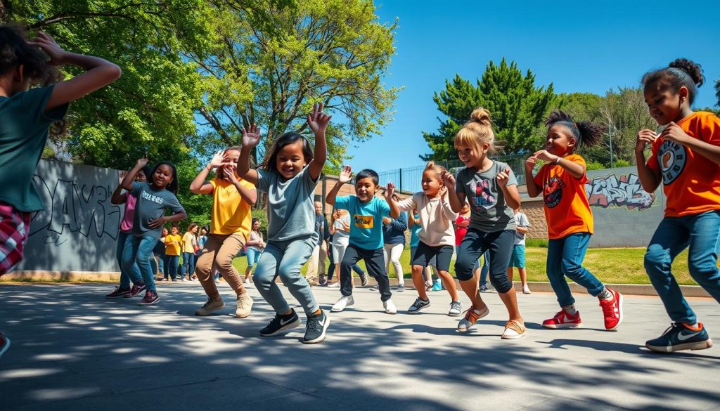 A vibrant scene of children joyfully participating in a hip hop dance battle in an urban park setting. In the foreground, a group of diverse kids, dressed in colorful, modest streetwear, are energetically dancing, showing various poses of movement and creativity. The middle ground features a small crowd of enthusiastic spectators, clapping and cheering, with a backdrop of graffiti art on walls, symbolizing hip hop culture. The background reveals lush greenery and a clear blue sky, creating an inviting atmosphere. Natural sunlight casts soft shadows, enhancing the lively mood of the scene. Shot from a dynamic low angle to emphasize the action and excitement, capturing the essence of childhood joy and artistic expression in hip hop dance.