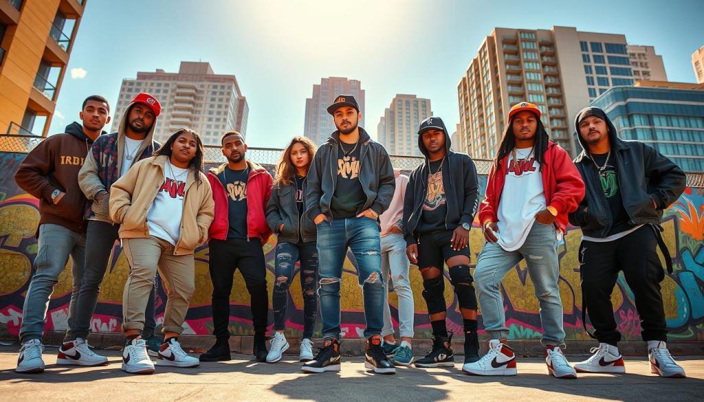 A vibrant urban scene showcasing contemporary hip-hop fashion. In the foreground, a diverse group of young adults, dressed in stylish streetwear, pose confidently. They wear oversized jackets, graphic tees, and bold sneakers, accessorized with caps and statement jewelry. The middle ground features a colorful graffiti wall, decorated with dynamic street art that reflects hip-hop culture. In the background, a cityscape with modern buildings under a clear blue sky, enhanced by golden sunlight illuminating the scene. The atmosphere is lively and energetic, capturing the essence of hip-hop culture intertwined with social media influence. The angle is slightly tilted to create a dynamic perspective, emphasizing the depth and layers of urban life without any text or logos. A vibrant urban scene showcasing contemporary hip-hop fashion. In the foreground, a diverse group of young adults, dressed in stylish streetwear, pose confidently. They wear oversized jackets, graphic tees, and bold sneakers, accessorized with caps and statement jewelry. The middle ground features a colorful graffiti wall, decorated with dynamic street art that reflects hip-hop culture. In the background, a cityscape with modern buildings under a clear blue sky, enhanced by golden sunlight illuminating the scene. The atmosphere is lively and energetic, capturing the essence of hip-hop culture intertwined with social media influence. The angle is slightly tilted to create a dynamic perspective, emphasizing the depth and layers of urban life without any text or logos.